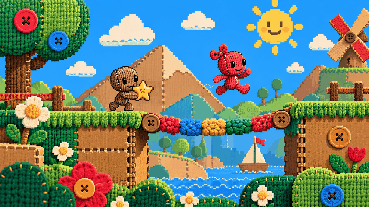 Mundo artesanal de plataforma inspirado em Sackboy A Big Adventure em pixel art