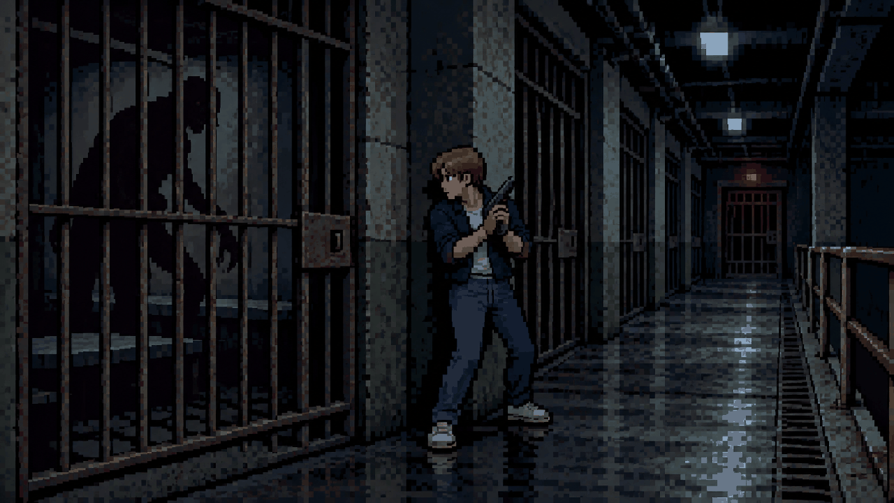 Steve Burnside em uma prisão da Rockfort Island em pixel art
