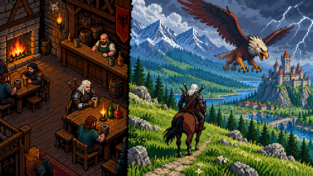 Geralt evoluindo de RPG de PC para aventura de mundo aberto