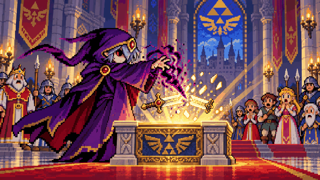 Vaati quebra a espada sagrada diante de Zelda durante o festival em pixel art