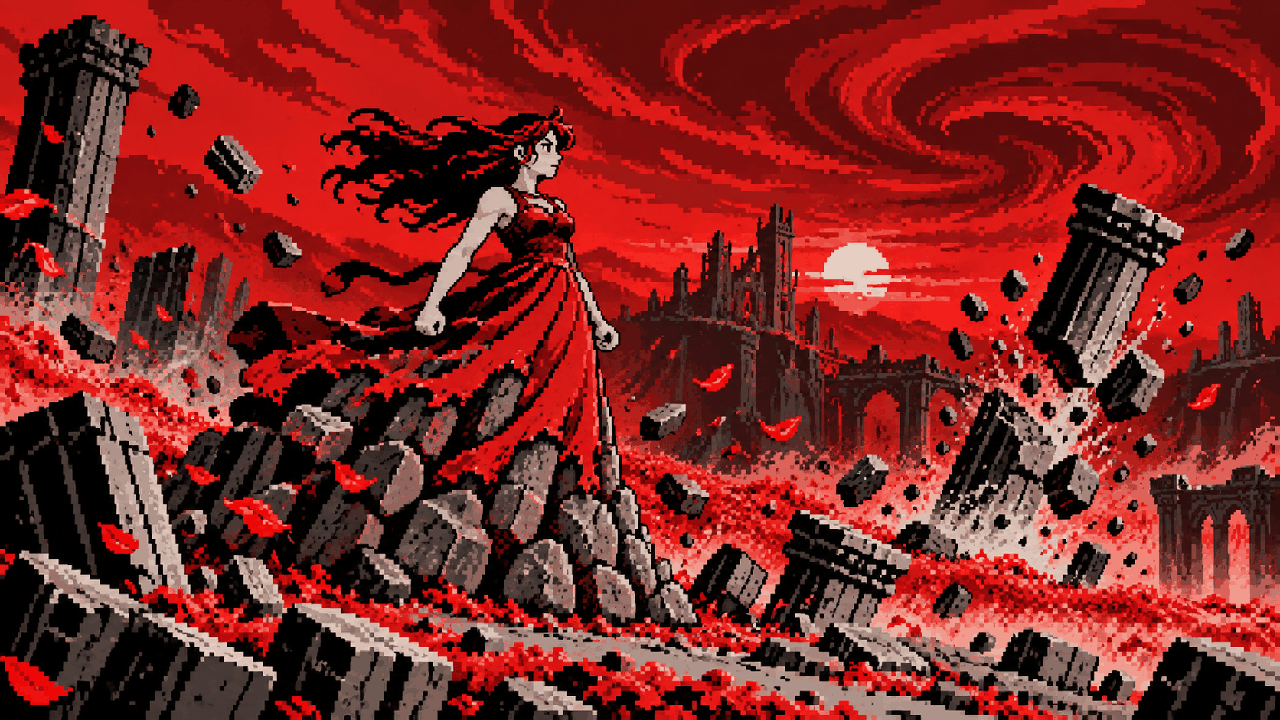 Tempestade vermelha com personagem resistindo ao vento