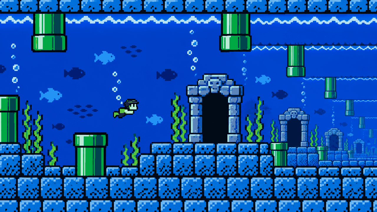 Fase aquatica impossivel em loop com portas e canos verdes em pixel art