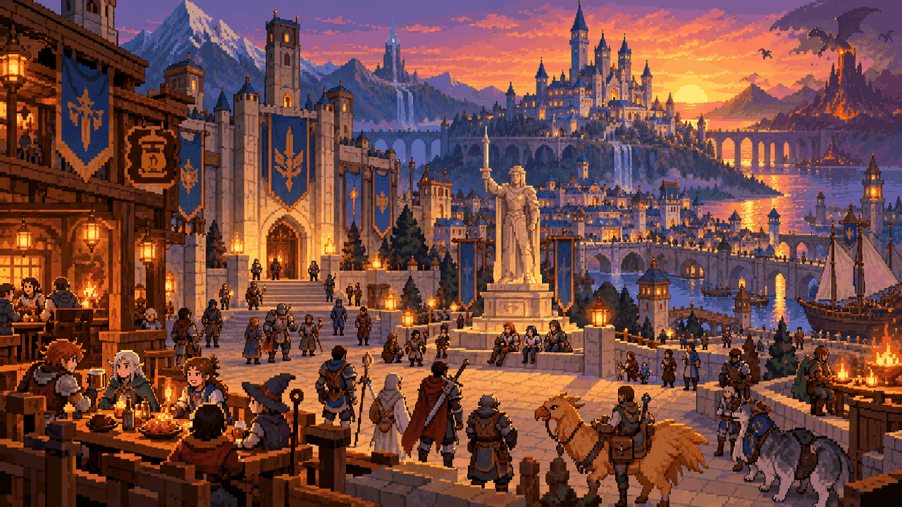 Aventureiros reunidos diante de uma cidade fantástica inspirada em World of Warcraft