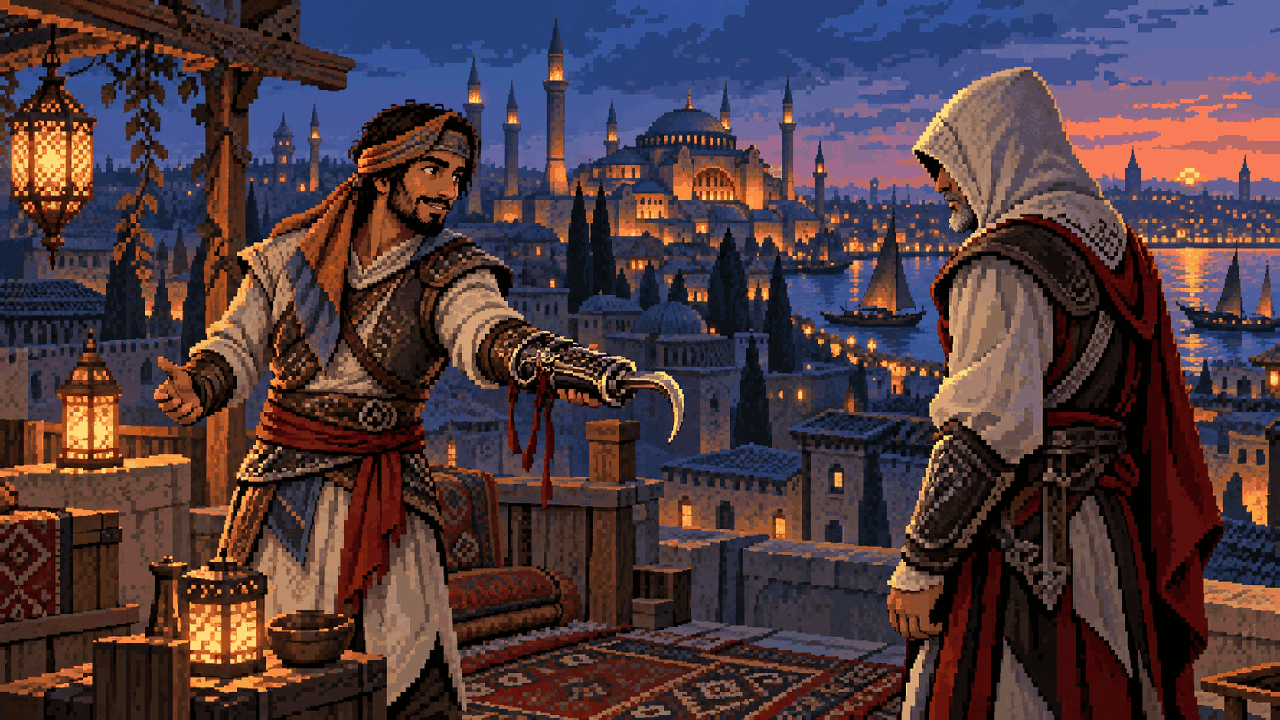 Yusuf entregando a hookblade a Ezio em um telhado