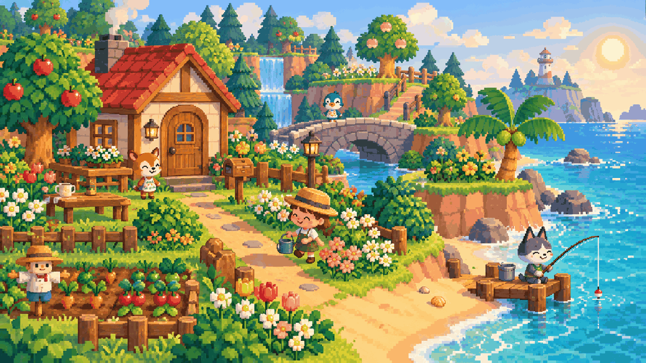 Personagem pescando perto de uma casa e vizinhos em uma ilha aconchegante em pixel art