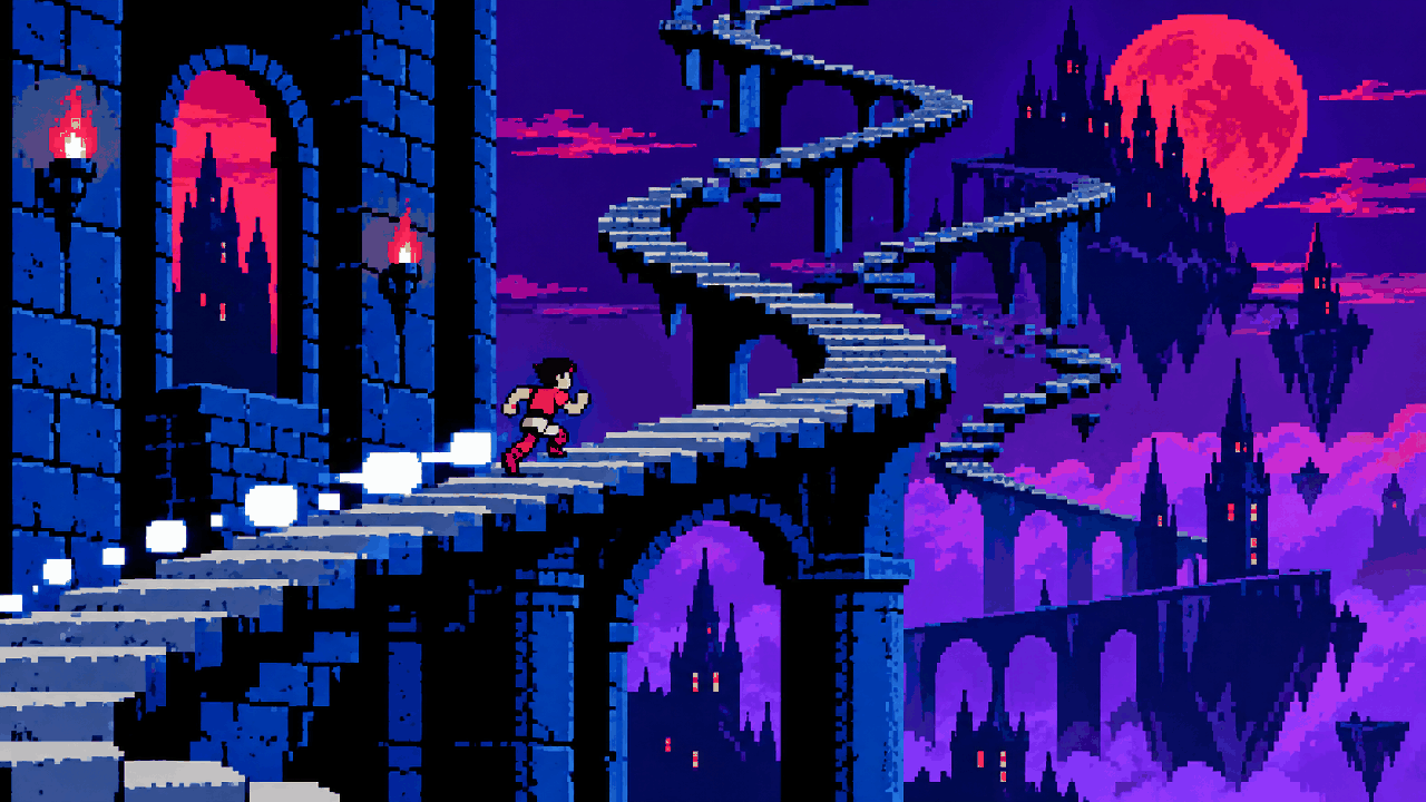 Escada infinita de castelo com personagem correndo em velocidade absurda em pixel art