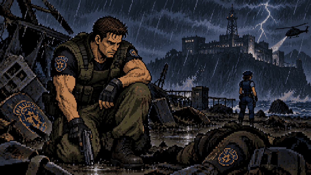 Chris Redfield em um campo de batalha contra o bioterrorismo em pixel art