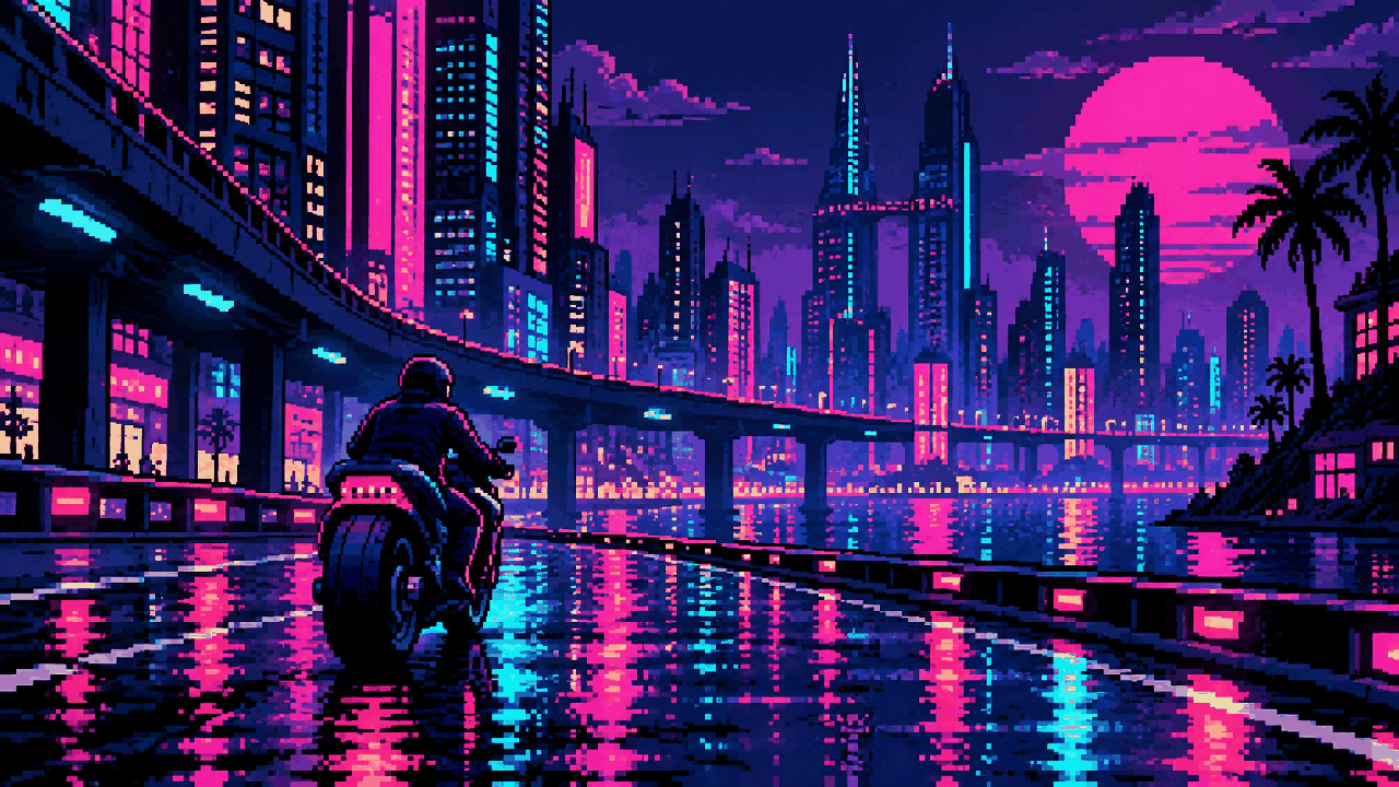 Moto em cidade futurista neon inspirada em Cyberpunk 2077 em pixel art