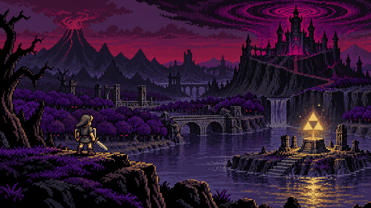 Link atravessa o Dark World com uma fortaleza escura ao fundo em pixel art