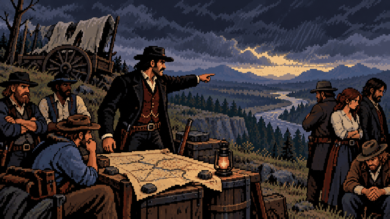 Dutch diante de um mapa com a gangue dividida e uma tempestade ao fundo em pixel art