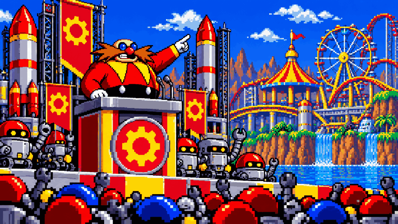 Dr. Eggman em um palanque cercado por robôs e um parque temático