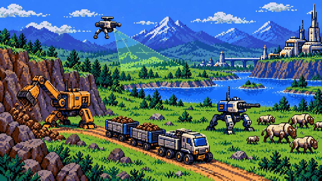Caldeirão industrial produzindo máquinas de Horizon em pixel art
