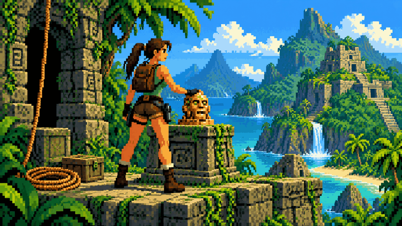 Lara Croft em um palanque perto de ruínas antigas e equipamento de escalada em pixel art