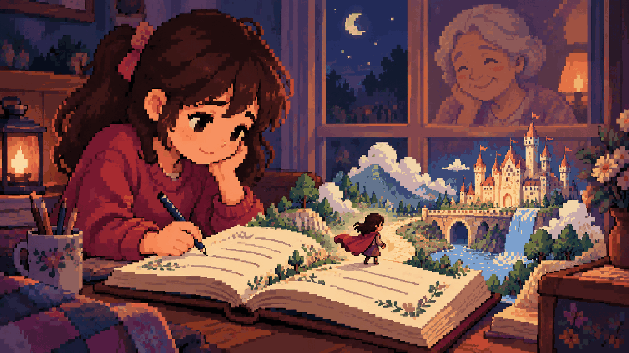 Menina escrevendo em diário que vira reino de fantasia em pixel art
