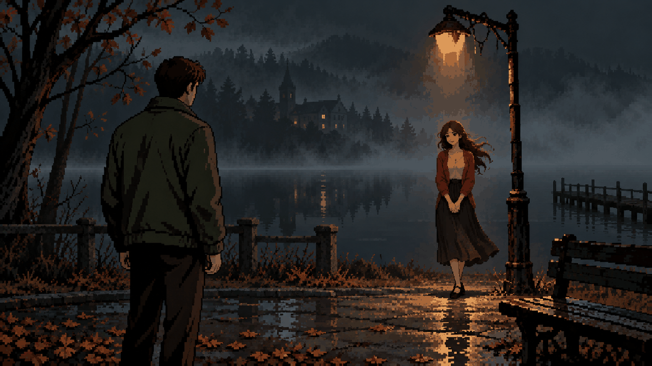 Maria em Rosewater Park com névoa ao fundo em pixel art