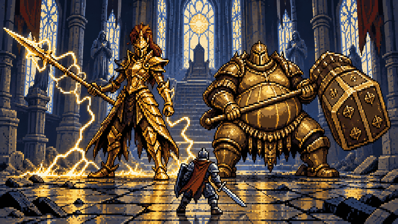 Dois cavaleiros chefes em uma catedral enfrentando um pequeno guerreiro em pixel art