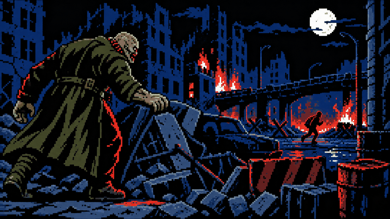 Nemesis perseguindo alvo por ruinas de Raccoon City