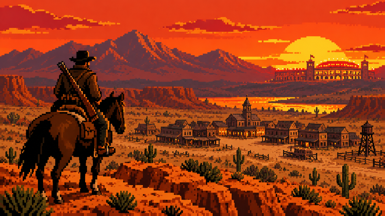 John Marston a cavalo diante de uma cidade do Velho Oeste