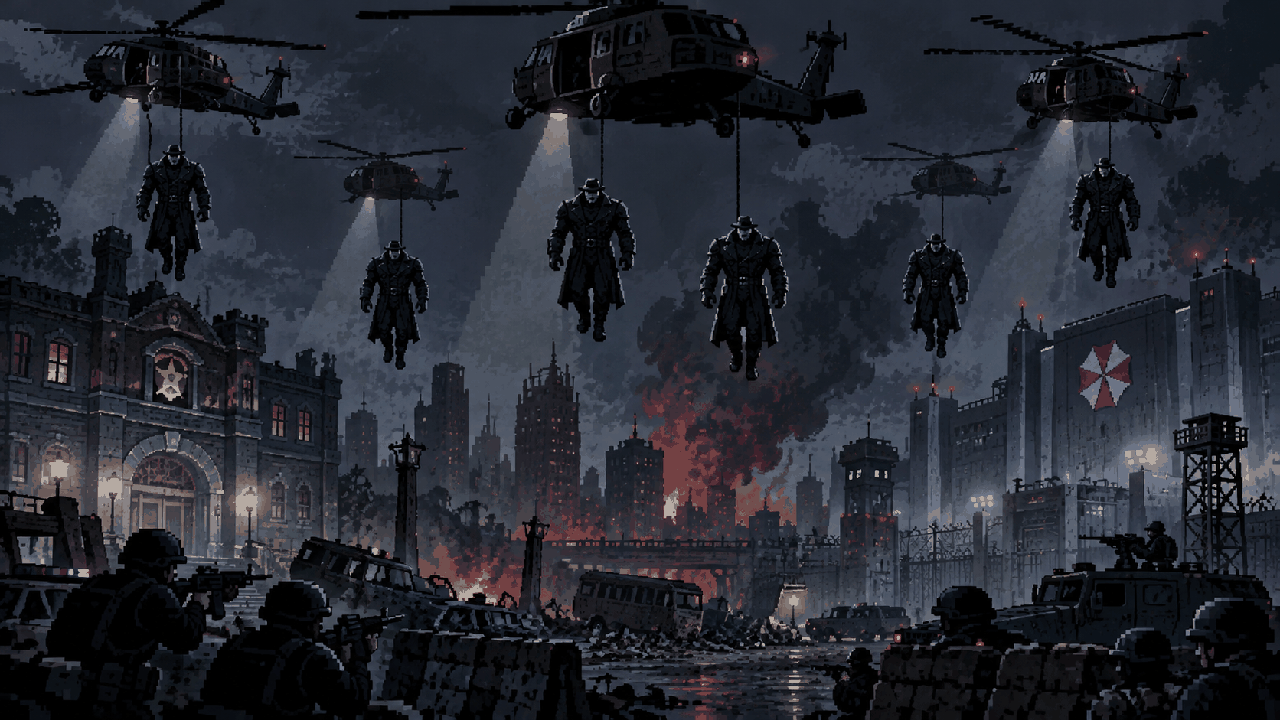 Seis Tyrants descendo de helicópteros sobre Raccoon City em pixel art