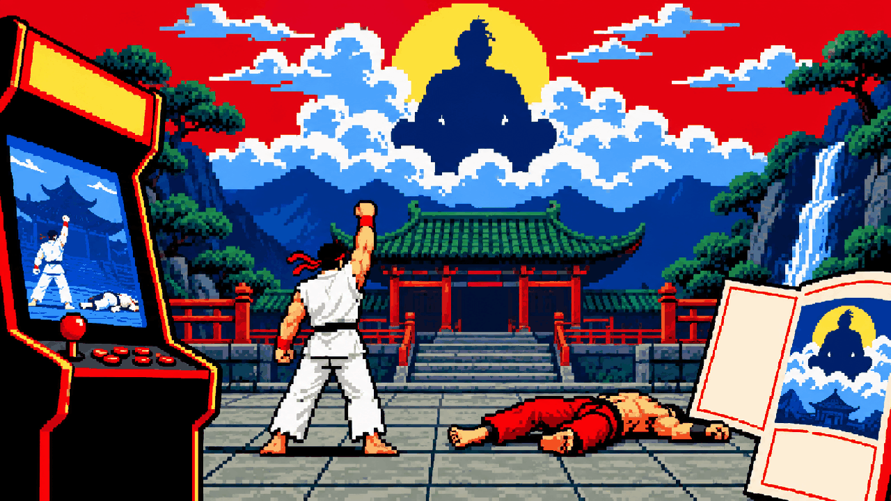 Lutador de arcade diante de mestre misterioso nas nuvens em pixel art
