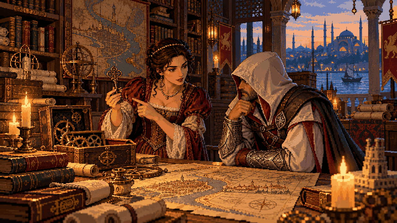 Sofia Sartor em sua livraria cercada de mapas e livros