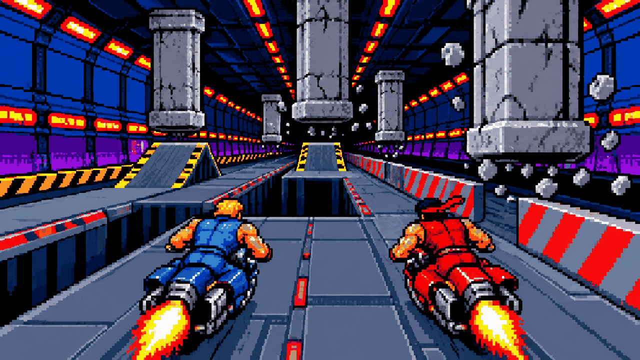 Motos futuristas atravessando tunel cheio de obstaculos em pixel art