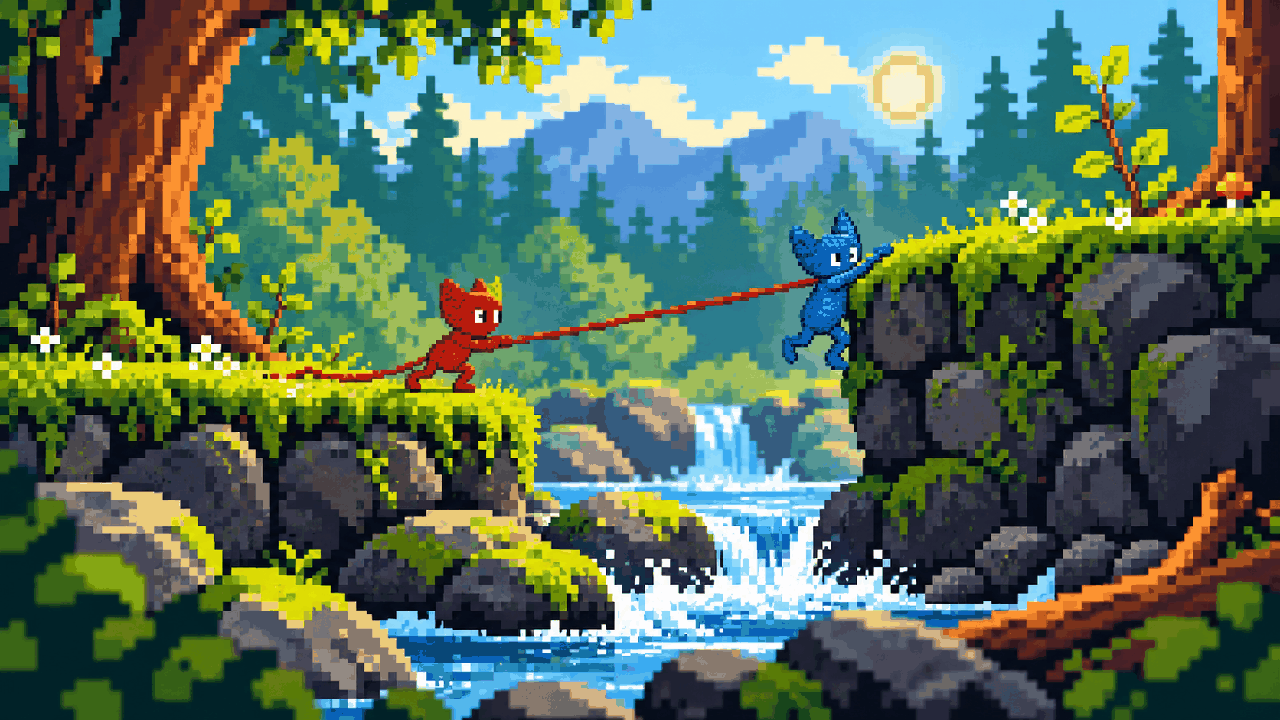 Dois personagens de lã ligados por fio em cena inspirada em Unravel Two em pixel art