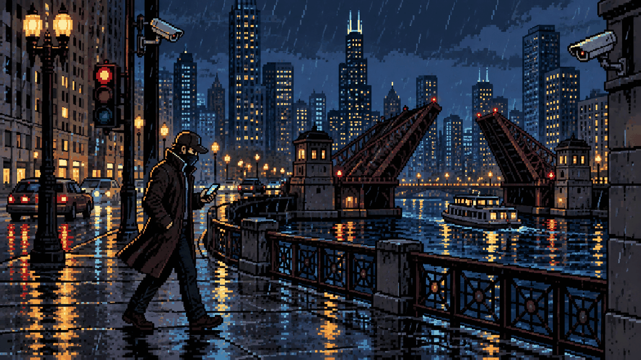 Aiden Pearce caminhando por Chicago em uma noite chuvosa em pixel art
