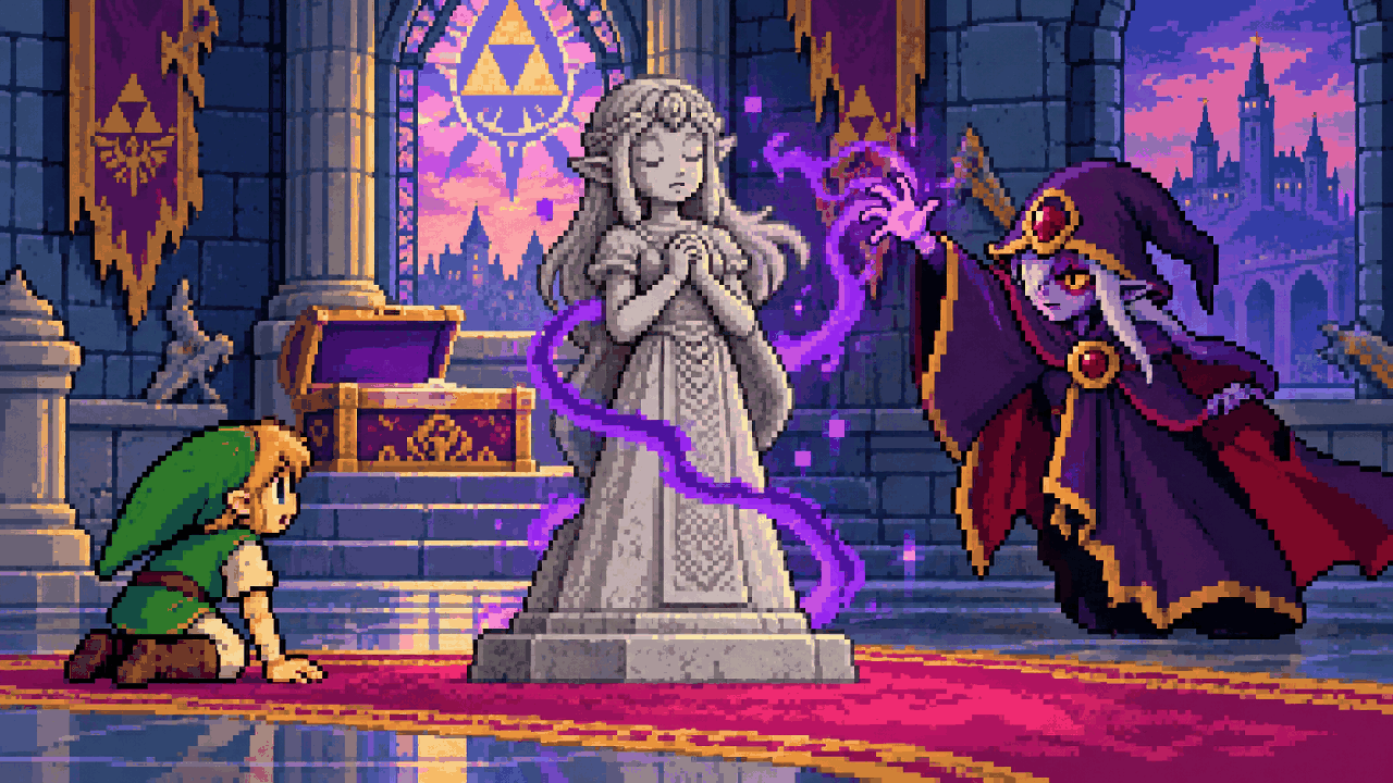 Zelda transformada em pedra no castelo enquanto Link tenta protegê-la em pixel art