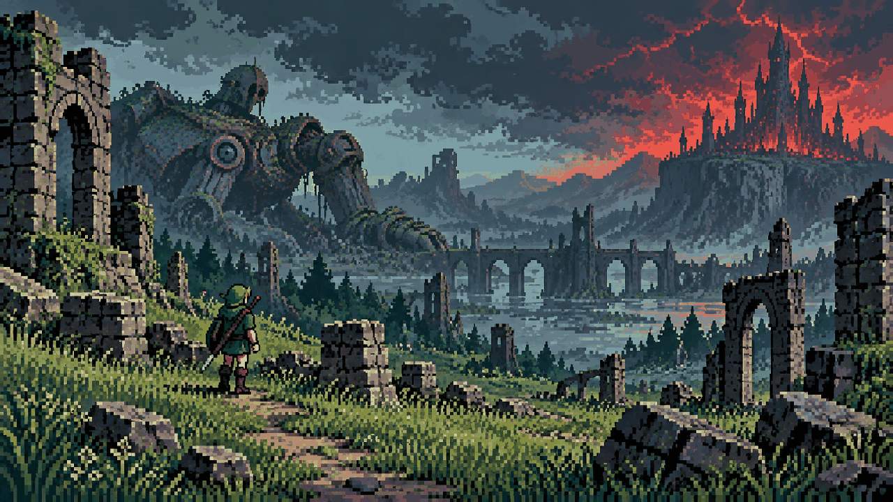Link caminha por uma Hyrule destruída com uma máquina guardiã caída em pixel art