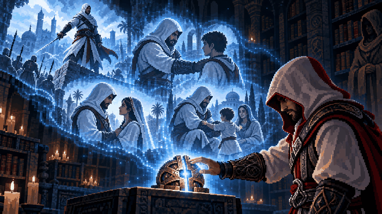 Ezio tocando uma chave que revela memórias de Altaïr