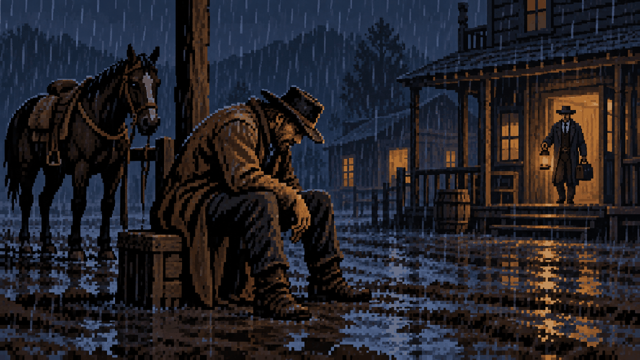 Arthur Morgan exausto sob chuva com cavalo e uma luz de médico distante em pixel art