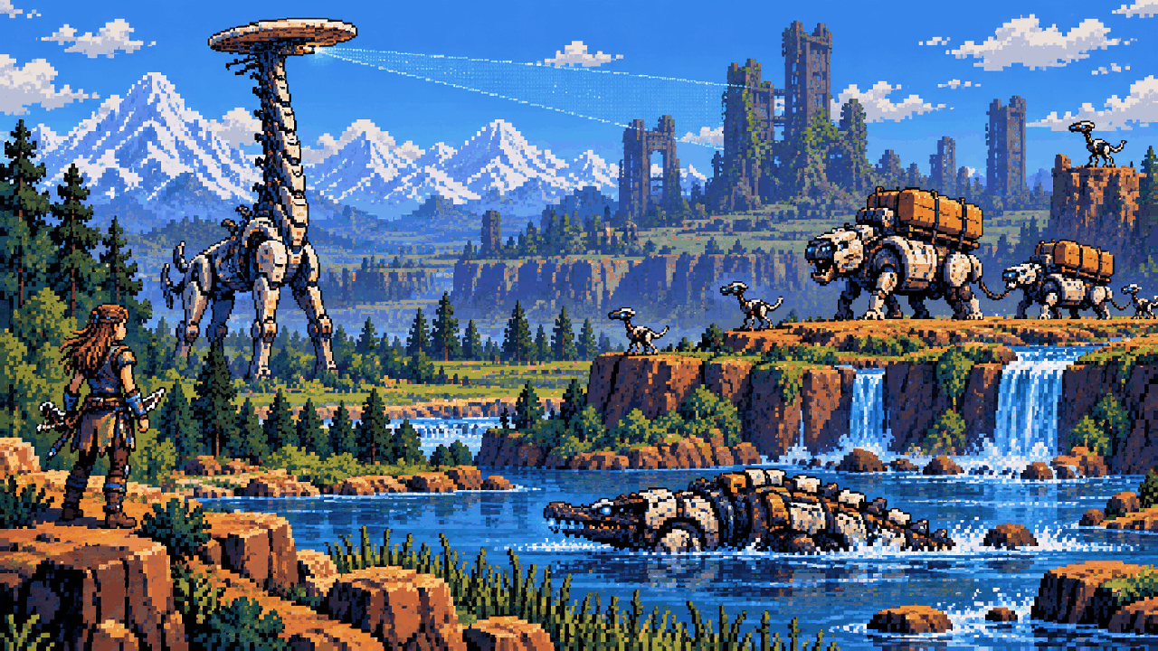 Ecossistema de máquinas com funções diferentes em uma paisagem selvagem em pixel art