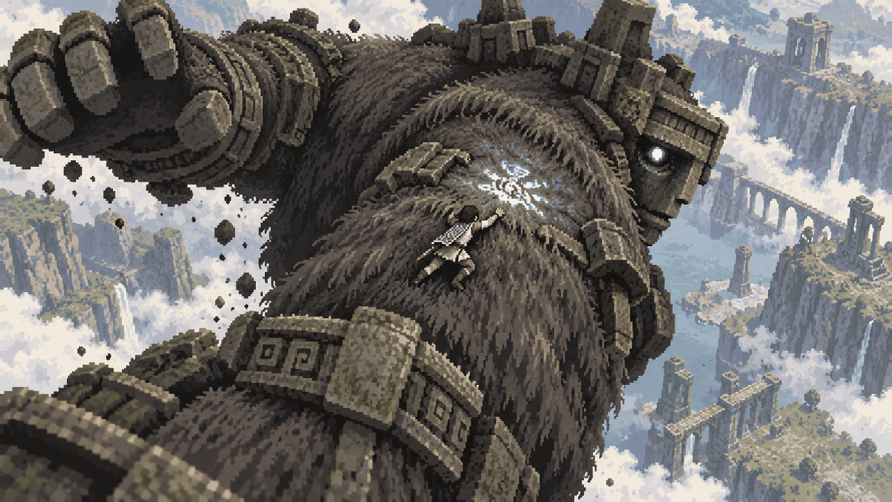 Wander agarrado ao pelo de um colosso gigantesco