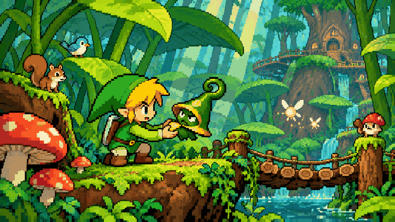 Link encontra Ezlo, um estranho chapéu falante, em uma floresta de Hyrule em pixel art