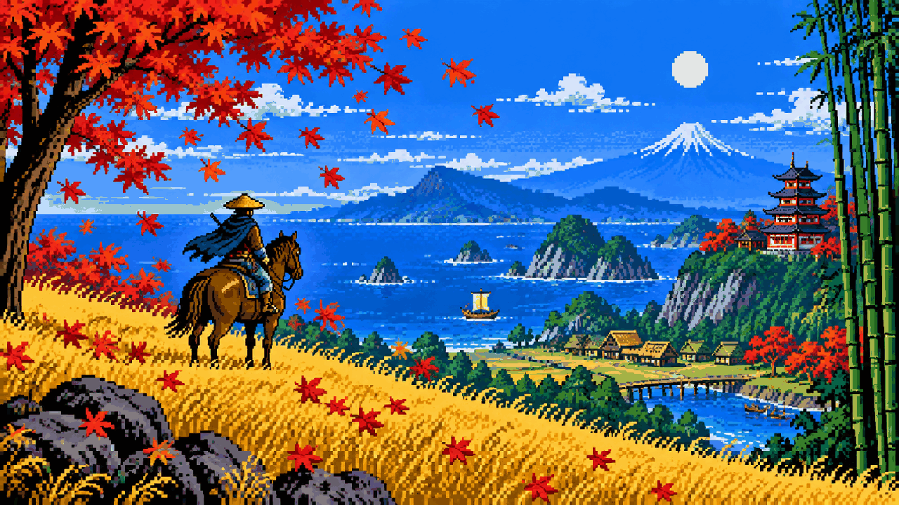 Viajante a cavalo em campo dourado inspirado em Ghost of Tsushima em pixel art