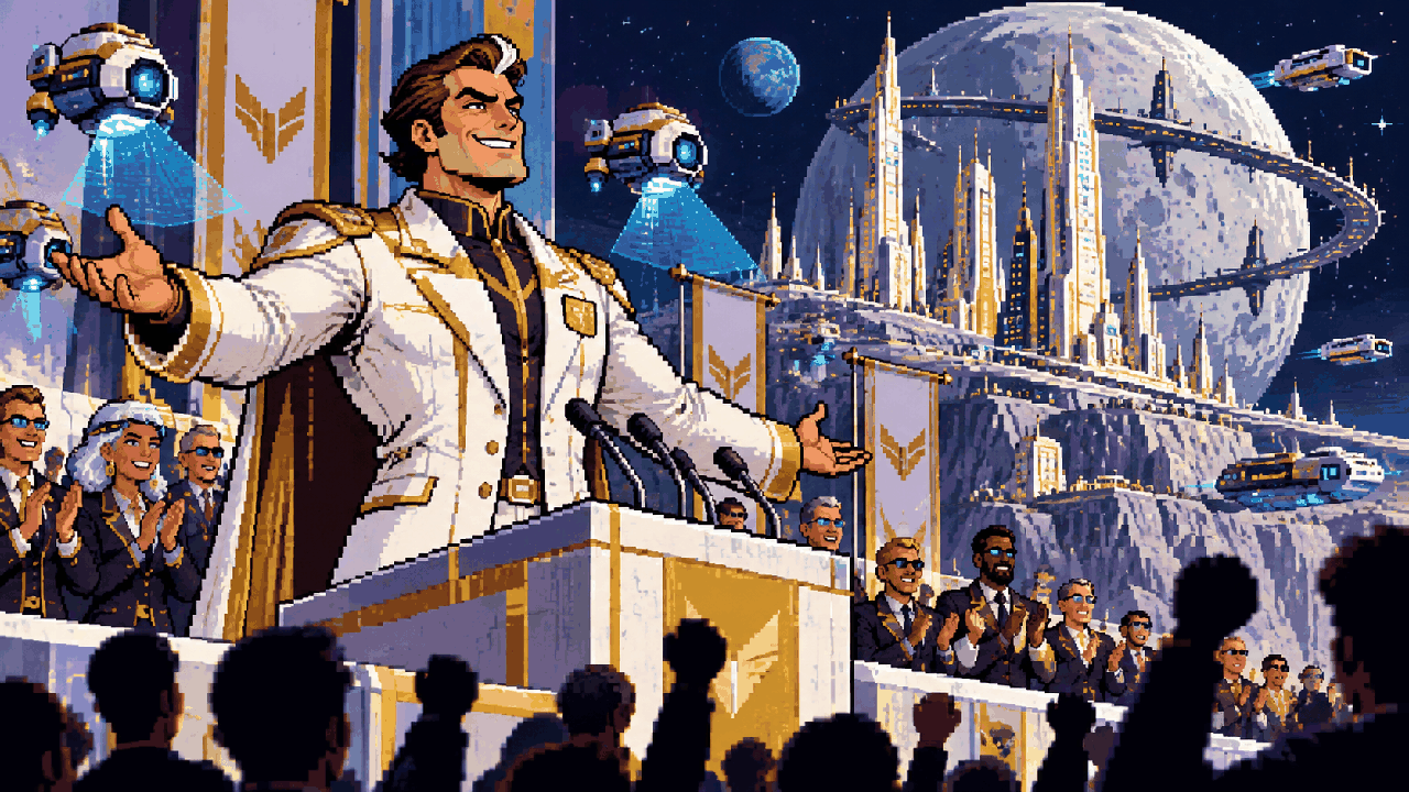 Handsome Jack em um palco corporativo com a Lua ao fundo