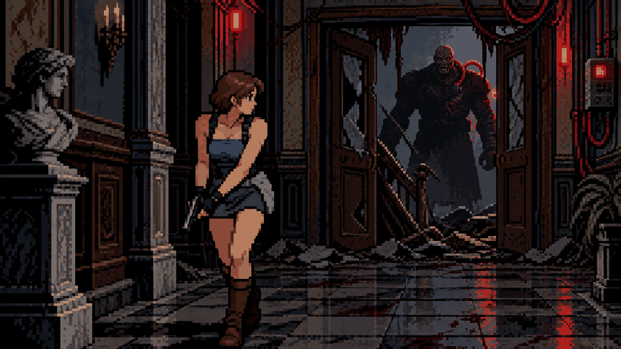Jill Valentine diante de Nemesis em um corredor da mansão Spencer em pixel art