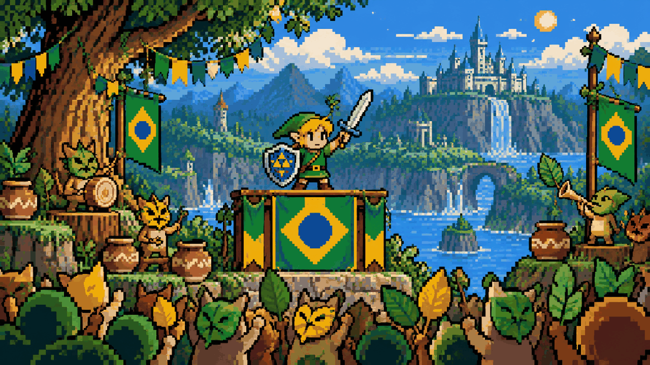 Link em silêncio diante de um palanque com espada, escudo, vasos e floresta em pixel art