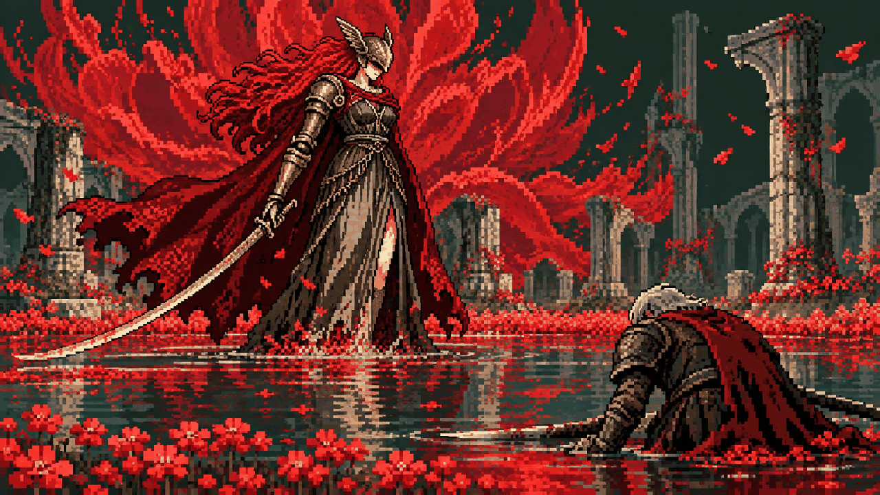 Guerreira de armadura vermelha em uma arena tomada por flores escarlates em pixel art