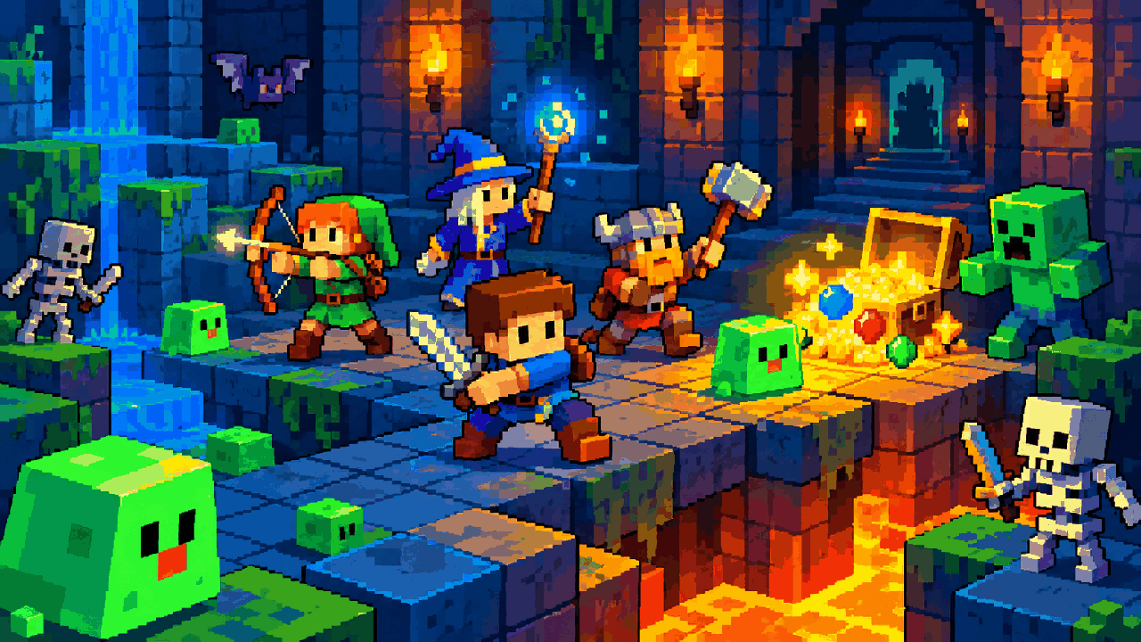 Dungeon crawler em blocos inspirado em Minecraft Dungeons em pixel art