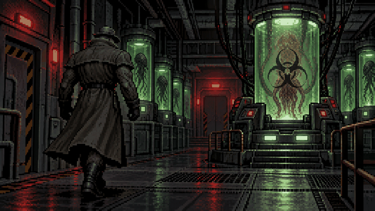 Tyrant atravessa um laboratório em direção a uma amostra biológica em pixel art