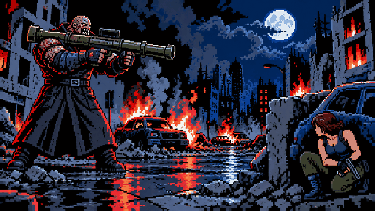 Nemesis usando lanca-foguetes em rua destruida