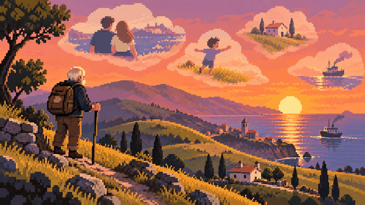 Homem idoso em colinas de memória ao pôr do sol em pixel art