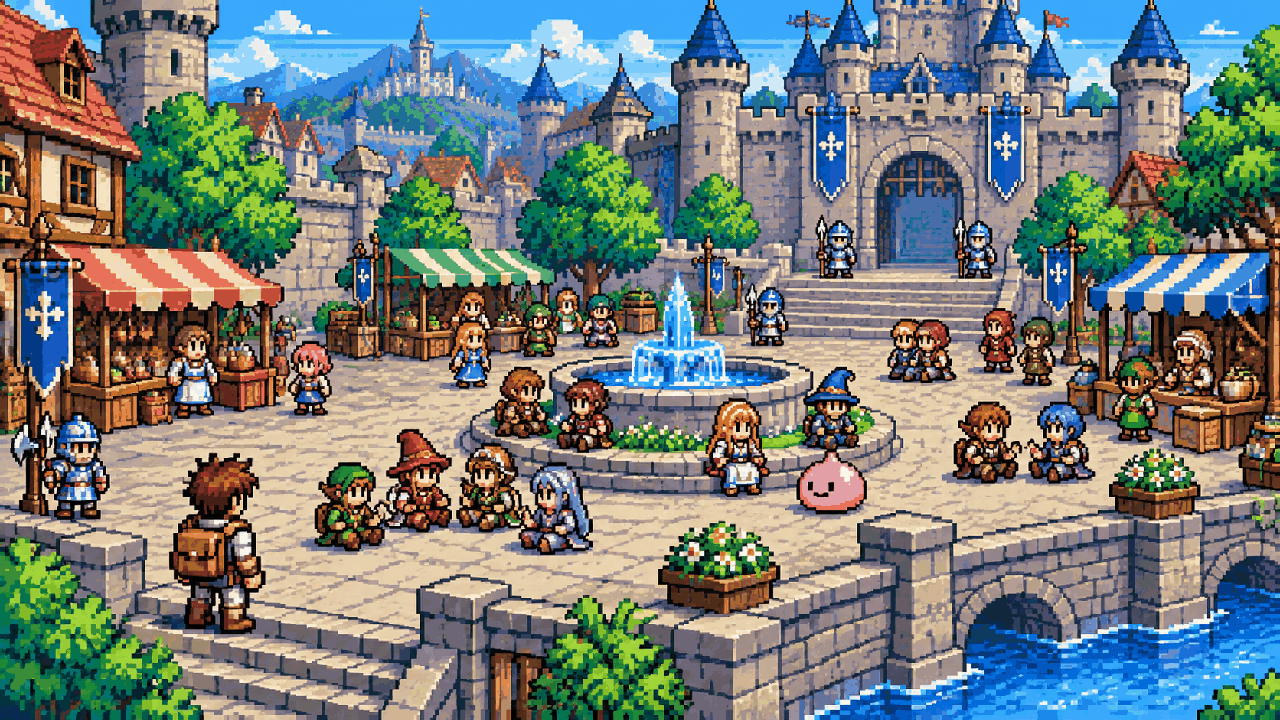 Jogadores reunidos em uma cidade de Ragnarok Online em pixel art