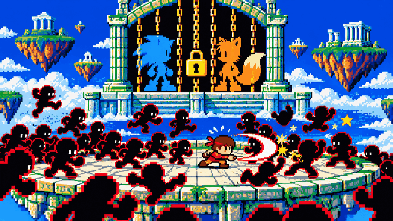 Arena de luta com mascotes velozes bloqueados atrás de portão em pixel art
