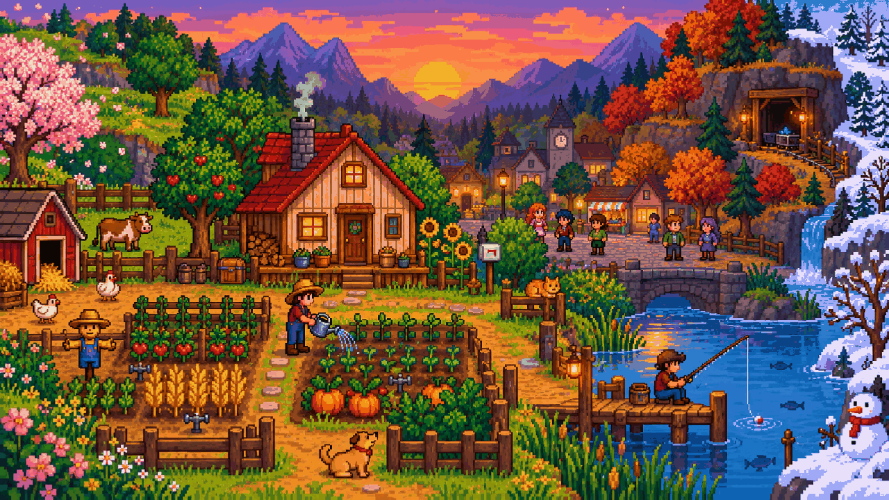 Fazenda, plantação e personagem pescando em um vale aconchegante em pixel art
