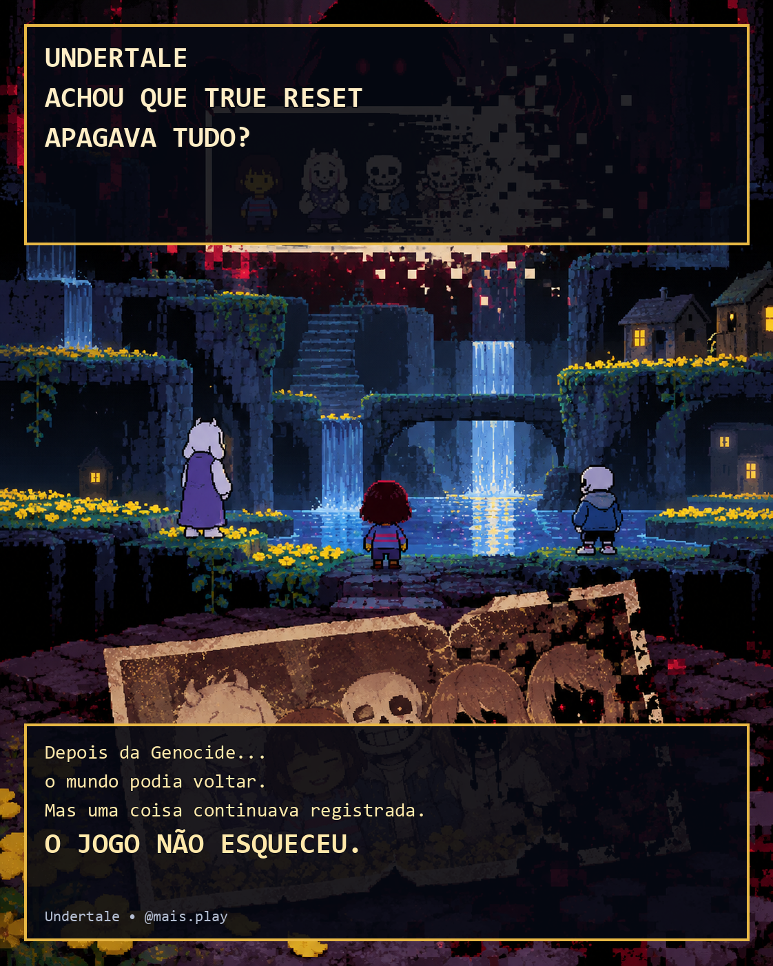 Uma tela de save apagada em Undertale diante de uma silhueta sombria