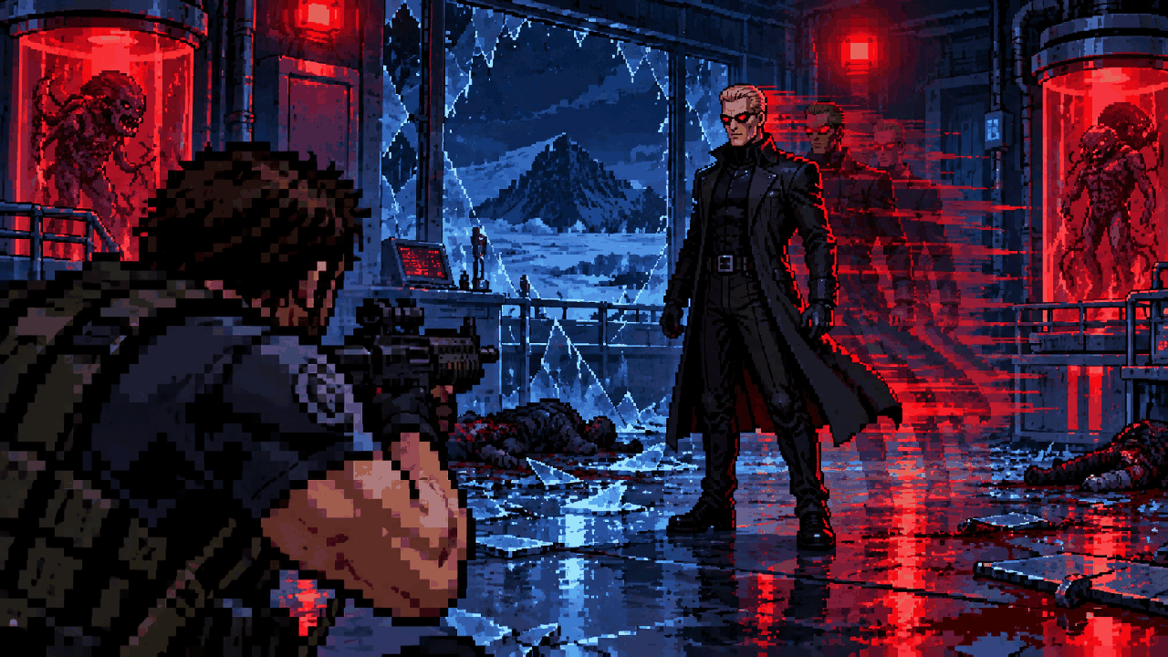Wesker com força sobre-humana em um laboratório antártico