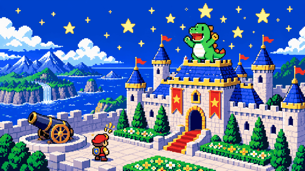 Pequeno dinossauro verde em cima de castelo com canhao no jardim em pixel art